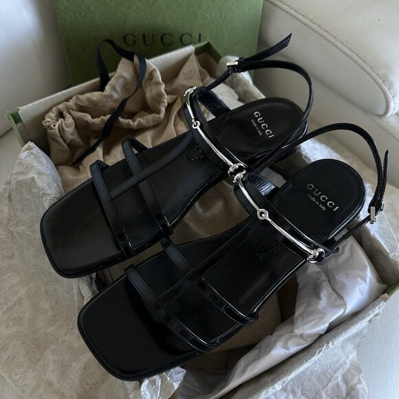 NEW GUCCI Divine Slim Horsebit Strappy Cage Sandals, Black, 38 EU / 8 US $890 - Picture 3 of 8